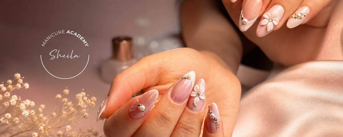 Nail art de flores 3D con perlas sobre seda — Academia de Sheila